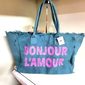 NWT Heavy duty canvas fringe travel bag weekender ++ BONJOUR LA MOUR 24x18x8